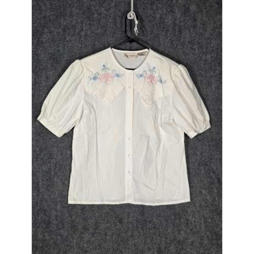 VTG Bechamel Vintage White Floral Embroidered Lace Button Down Blouse Womens 14